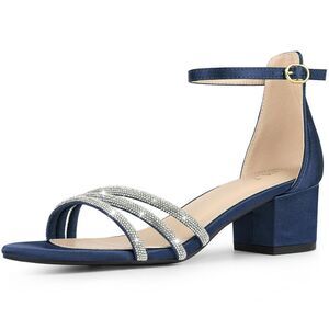Satin Rhinestones Open Toe Chunky Heel Sandals Navy Blue